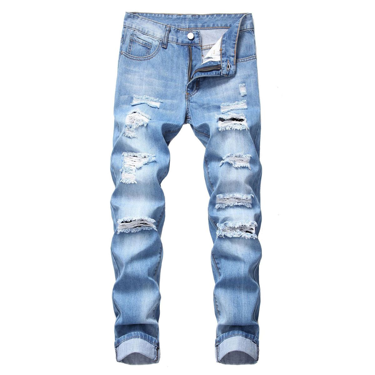 Men's Clothing Men's Ripped Hole Straight Slim Non Stretch Jeans Multi Tattered Men's North Trousers_viptrois.com