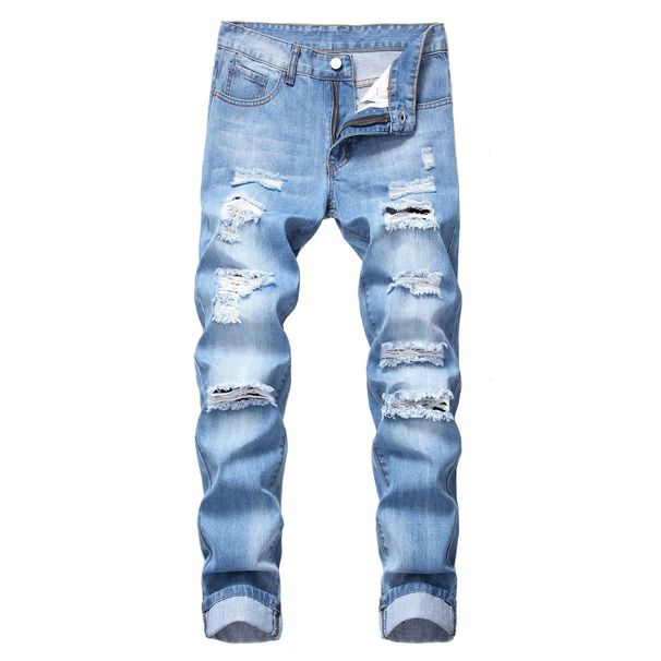 Men's Clothing Men's Ripped Hole Straight Slim Non Stretch Jeans Multi Tattered Men's North Trousers_viptrois.com