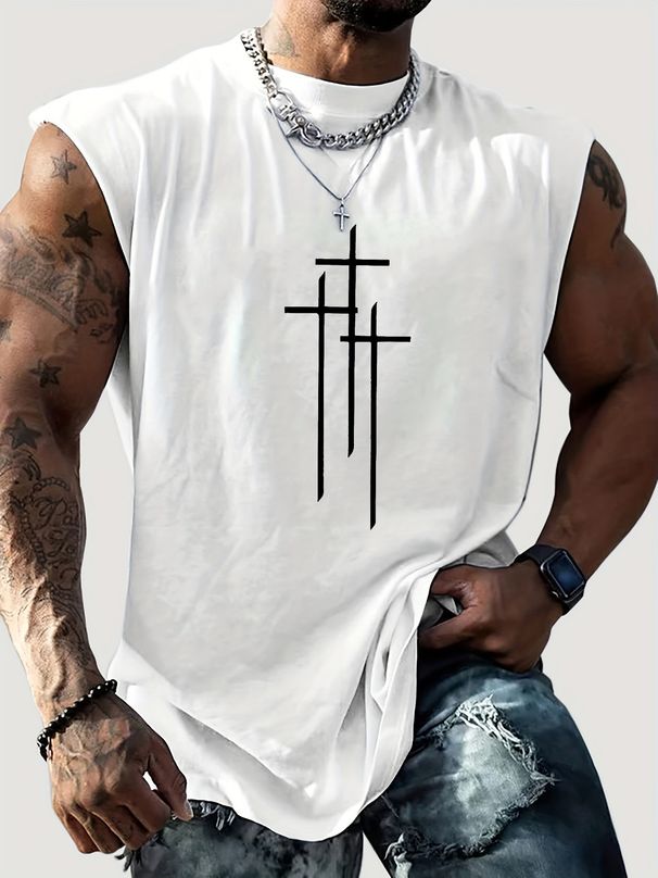 100% Pure Cotton Men's Summer Casual Sports Fitness Loose Faith Cross Pattern Printed Breathable Round Neck Sleeveless Vest_viptrois.com