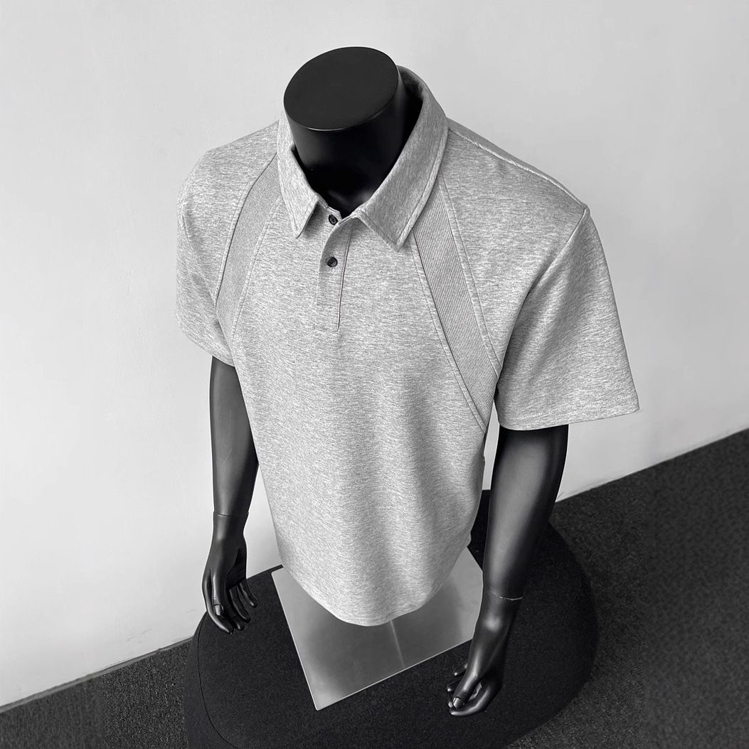 Men's Heavyweight Boxy Fit Short-Sleeve Polo T-Shirt – Structured Shoulder & Contrast Panels (Black/Heather Grey, Sizes M-3xl)_viptrois.com