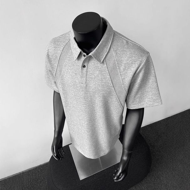 Men's Heavyweight Boxy Fit Short-Sleeve Polo T-Shirt – Structured Shoulder & Contrast Panels (Black/Heather Grey, Sizes M-3xl)_viptrois.com