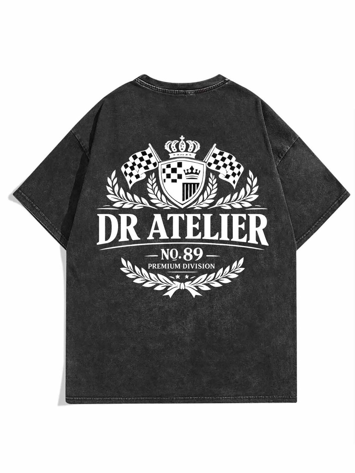 Vintage Washed Double-Sided Print Crown Checkered Flag Crest Laurel Graphic Heavyweight 230g Cotton Men's Street Tee_viptrois.com