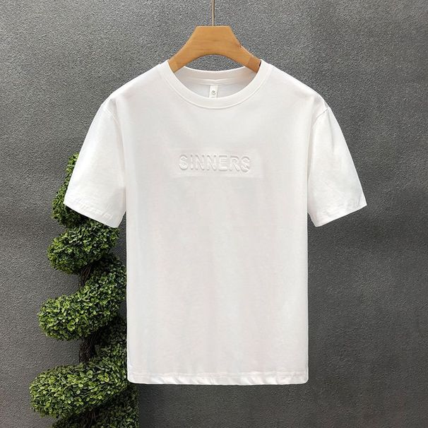 Simple Embossed White Short-sleeved T-shirt Men's Trendy Brand Crew Neck Top 2025 Summer New Men's Comfortable Half-sleeved_viptrois.com