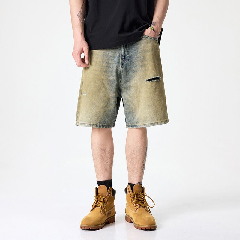Men's Clothing Casual Retro Denim Shorts Fashionable Washed Straight Tube Tall Thin Five Point Hole Shorts_viptrois.com