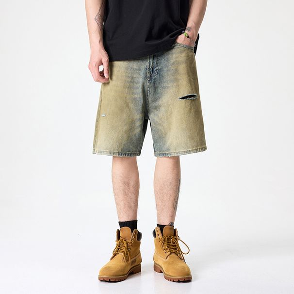 Men's Clothing Casual Retro Denim Shorts Fashionable Washed Straight Tube Tall Thin Five Point Hole Shorts_viptrois.com