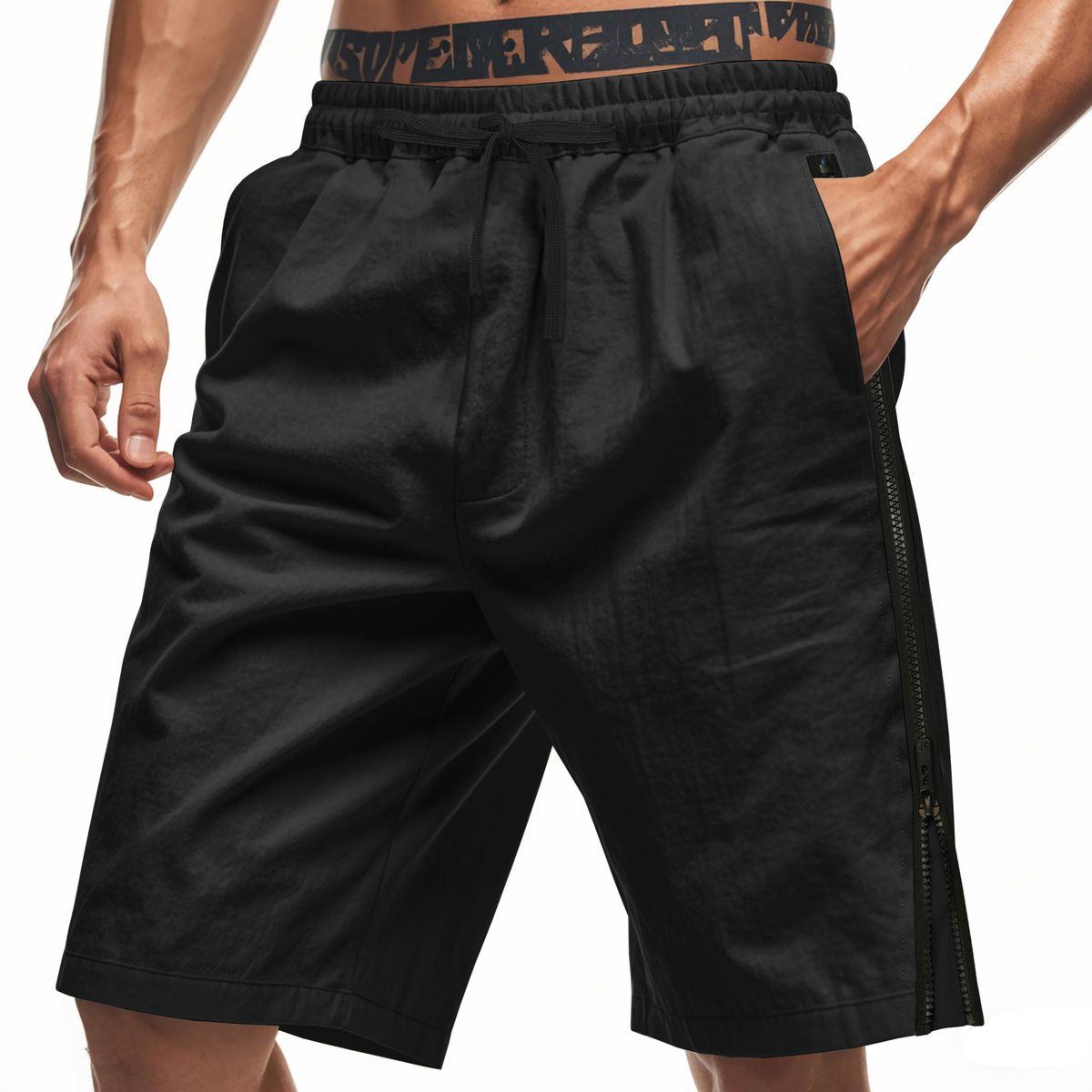 Men's Clothing Hip Hop Loose Sports Beach Shorts Side Zipper 5 Point Shorts_viptrois.com