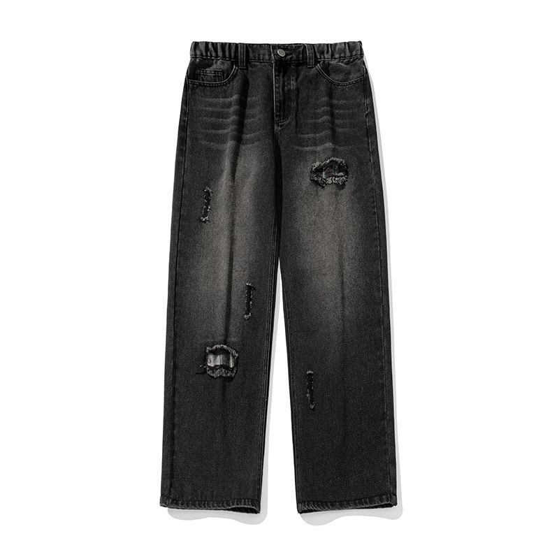 Men's Clothing Ripped Plaid Washed Jeans Spring New Style Trendy Trousers Loose Straight Casual Trousers_viptrois.com