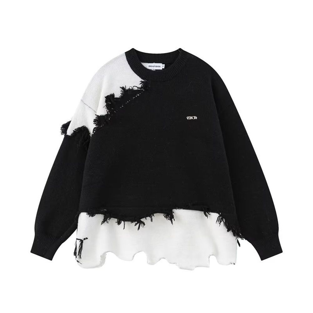 2026 High Street Hip-Hop Knitwear Pullovers Women/Men 100%Polyester Round Collar Irregularly Spliced Tassels Long Sleeve Vintage Loose Sweater_viptrois.com