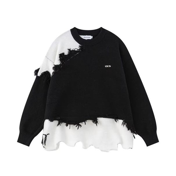 2026 High Street Hip-Hop Knitwear Pullovers Women/Men 100%Polyester Round Collar Irregularly Spliced Tassels Long Sleeve Vintage Loose Sweater_viptrois.com