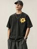 230g Washed Men T-Shirt Yellow Hibiscus Flower Print Short Sleeve Crew Neck Casual Streetwear Top_viptrois.com