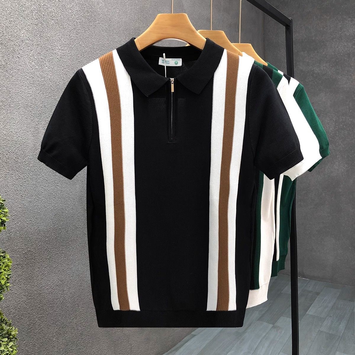 Men's Clothing Summer Color Matching Half Zip Polo Shirt Thin Top Lapel Knitted Short Sleeved T Shirt_viptrois.com