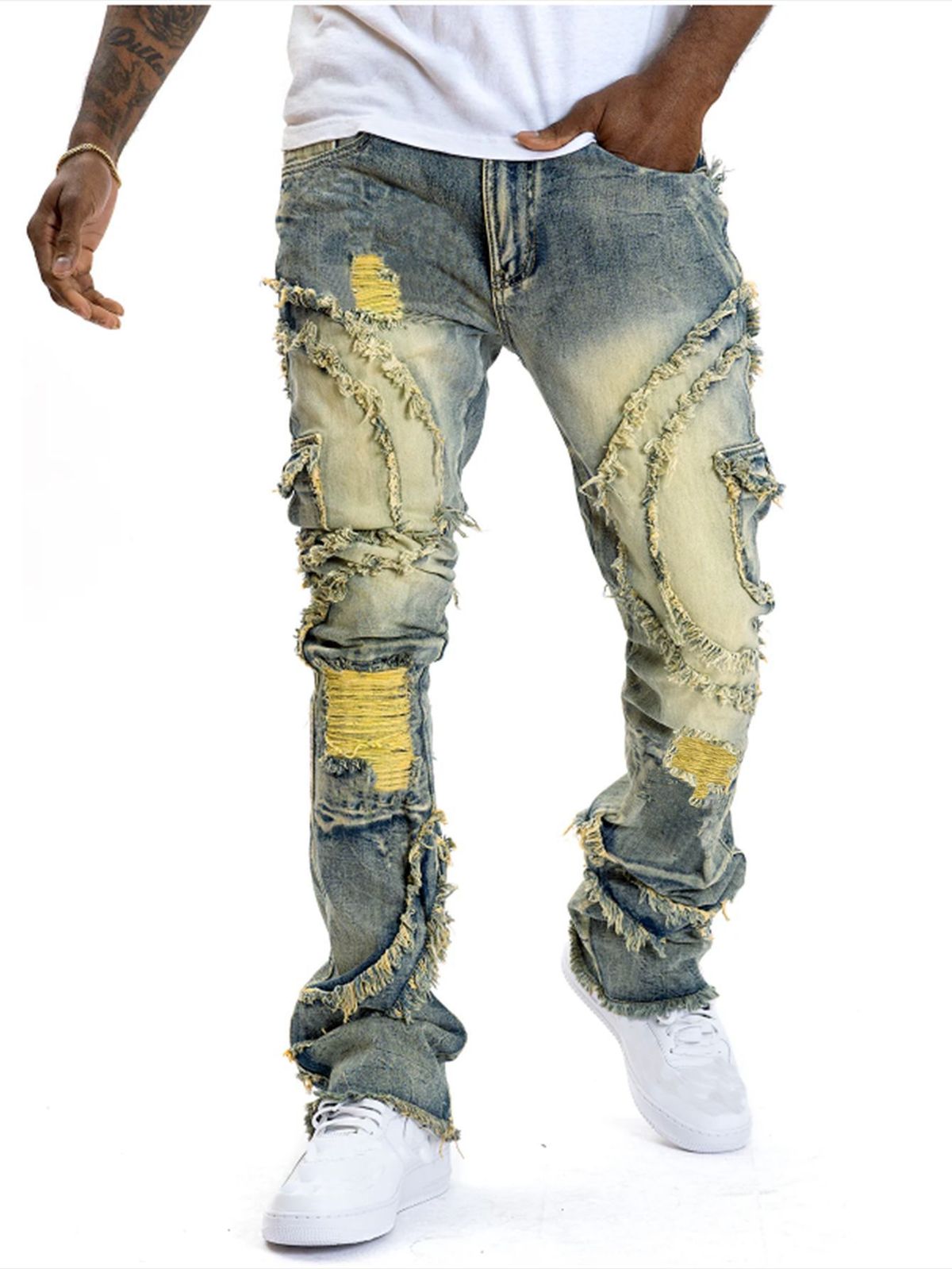 Men's Clothing Cross Border Supply Of European And American Men's Ripped Flared Tassel Stretch Jeans New Style_viptrois.com