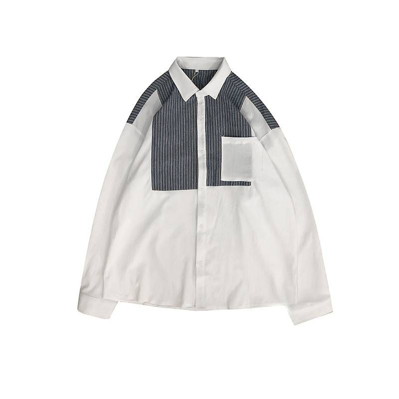 Men's Clothing Spring And Autumn Striped Patchwork Shirt Men's Long Sleeved Trendy Personality Shirt Ins Retro Loose Jacket_viptrois.com