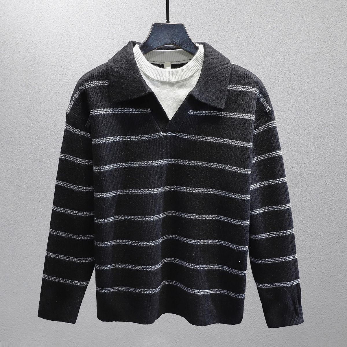 Retro Color-Block Polo Knit Sweater – Contrast Stripe Mock Layering For Men (S-XXL, 90s Hong Kong Revival)_viptrois.com