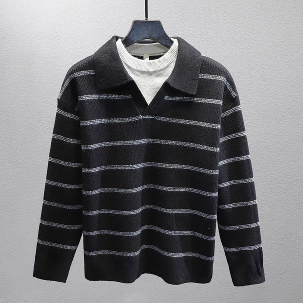 Retro Color-Block Polo Knit Sweater – Contrast Stripe Mock Layering For Men (S-XXL, 90s Hong Kong Revival)_viptrois.com