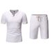 Summer New Style Men's Solid Color Two Piece Set Short Sleeve Beachwear Linen Suit With Shorts_viptrois.com