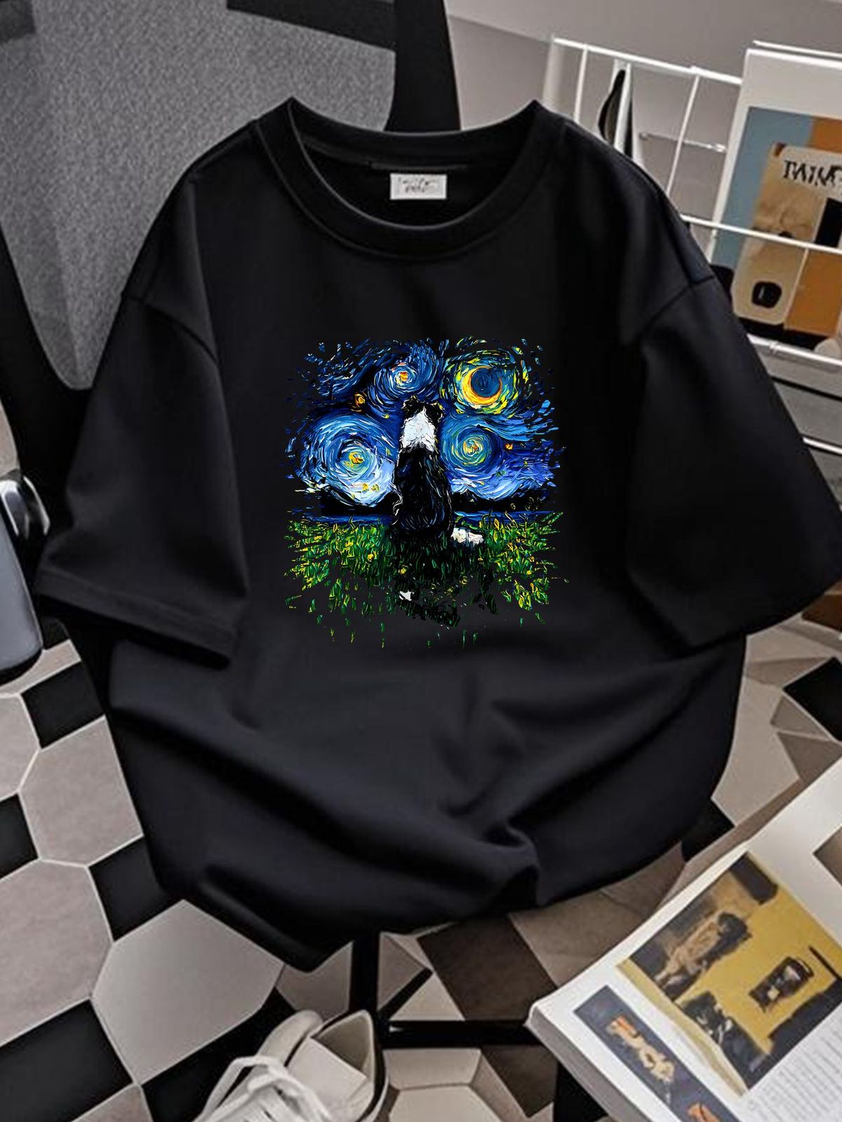 NEW LIMITED Border Collie Back Starry Night Impressionist Dog Art T-Shirt Graphic Comfortable Versatile Summer Breathable Casual Unisex Stylish_viptrois.com