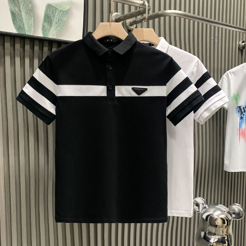 Men's Clothing Black And White Striped Lapel Light Luxury T Shirt Short Sleeved Polo Shirt Handsome Versatile Clothes_viptrois.com
