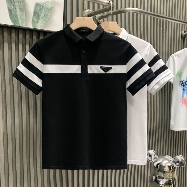 Men's Clothing Black And White Striped Lapel Light Luxury T Shirt Short Sleeved Polo Shirt Handsome Versatile Clothes_viptrois.com