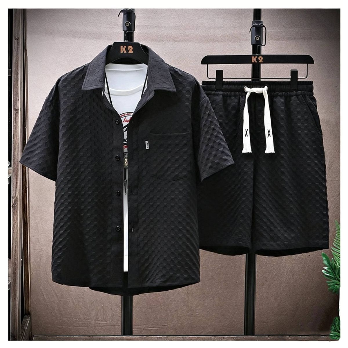 Men's Clothing Summer Solid Color Ice Silk Suit Thin Sports Casual Two Piece Suit Summer Handsome Short Sleeved Shirt Shorts Set_viptrois.com