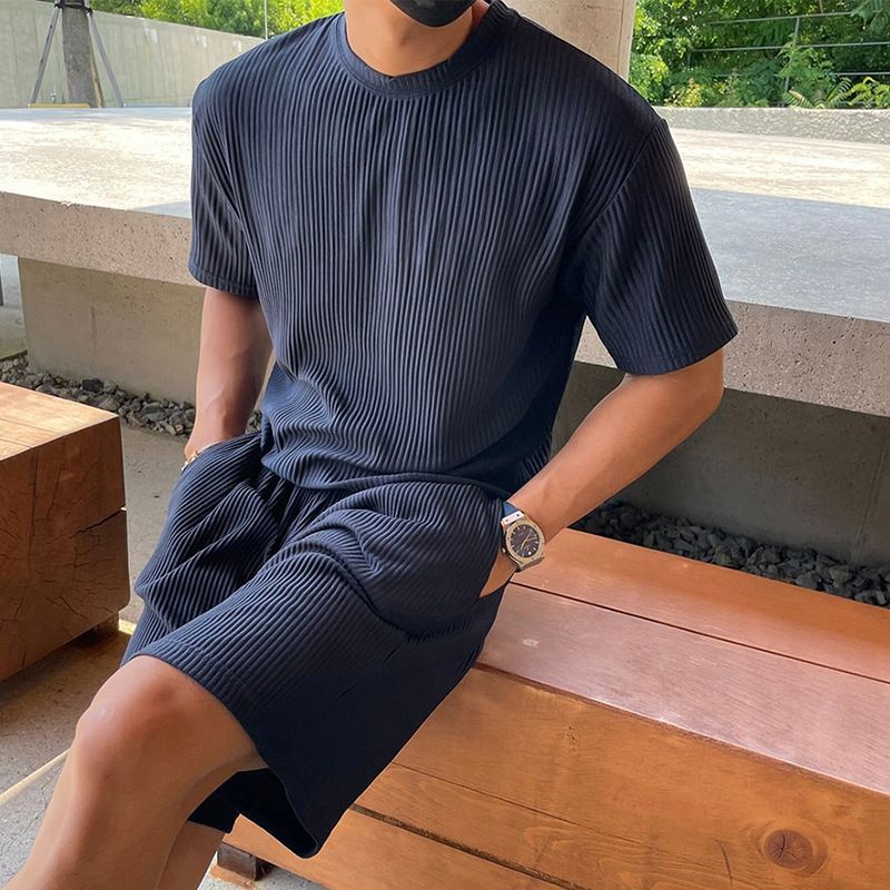 Men's Clothing Striped Comfortable Round Neck T Shirt Casual Sports Shorts Suit Loose_viptrois.com