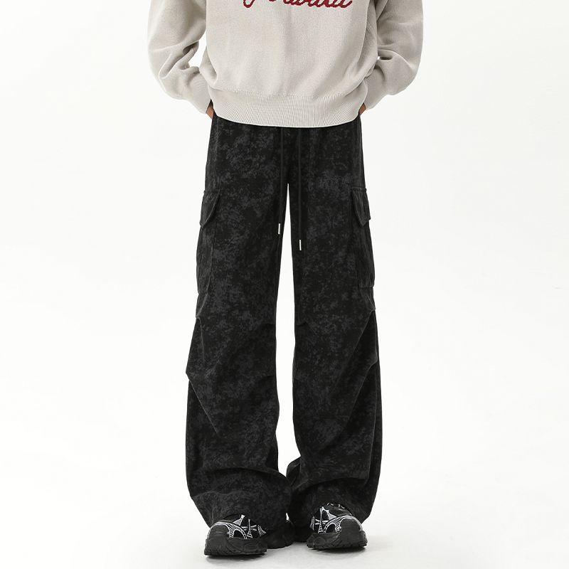 2026 Tie-dye Corduroy Cargo Pants Men's Autumn And Winter Style Plush Ruffian Handsome American Wide-leg Trousers Straight Loose Casual Pants_viptrois.com