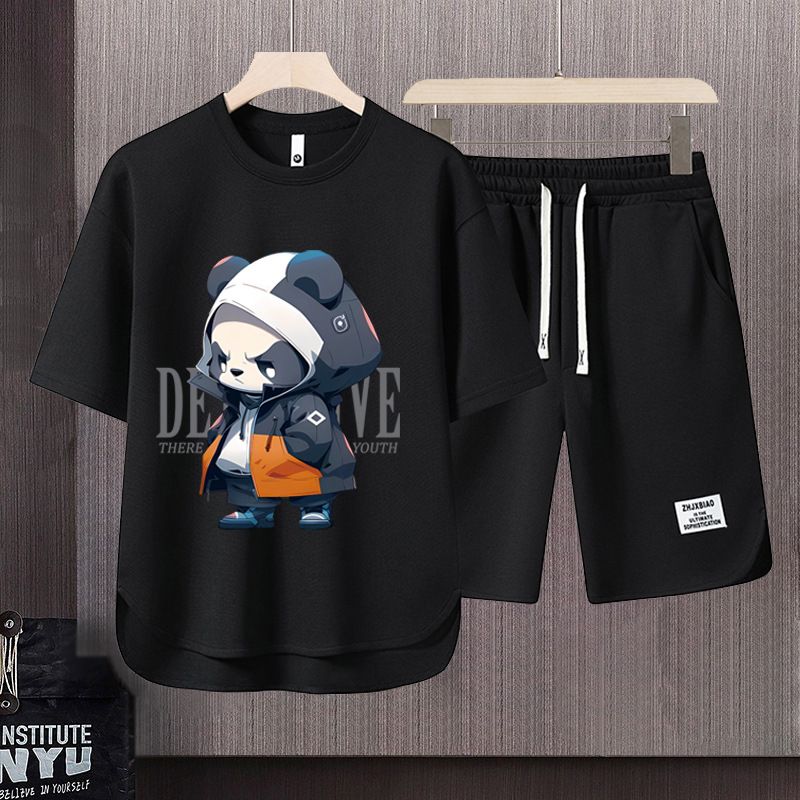Men's Clothing 2024 Waffle Casual Summer Suit Men's Loose Teen Short sleeved T shirt Shorts Handsome Two piece Suit_viptrois.com