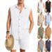 Men's Linen Blend Short Sleeve Shirt & Shorts Set | Breathable Summer Resort Wear, Hawaiian Print Vacation Outfit_viptrois.com