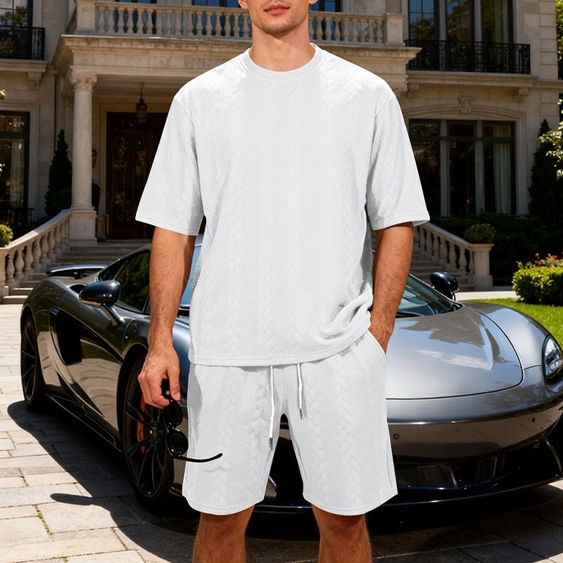 Men's Casual Plus Size Shorts Suit Heavyweight Knit Jacquard High Street Style Loose Fit Short Sleeved_viptrois.com