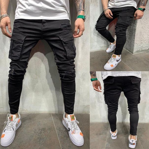 2022 Station Cross-Border Exclusive For European And American Men's Skinny Multi-Pocket Ripped Cargo Jeans New Style_viptrois.com