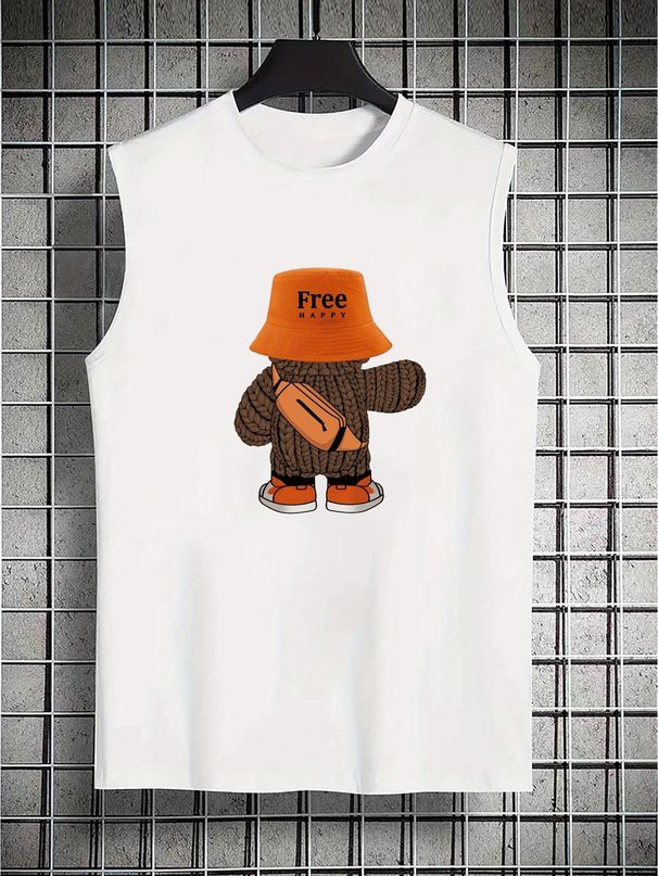 100% Pure Cotton Men's Summer Casual Sports Fitness Loose Cartoon Bear Pattern Printed Breathable Round Neck Sleeveless Vest_viptrois.com