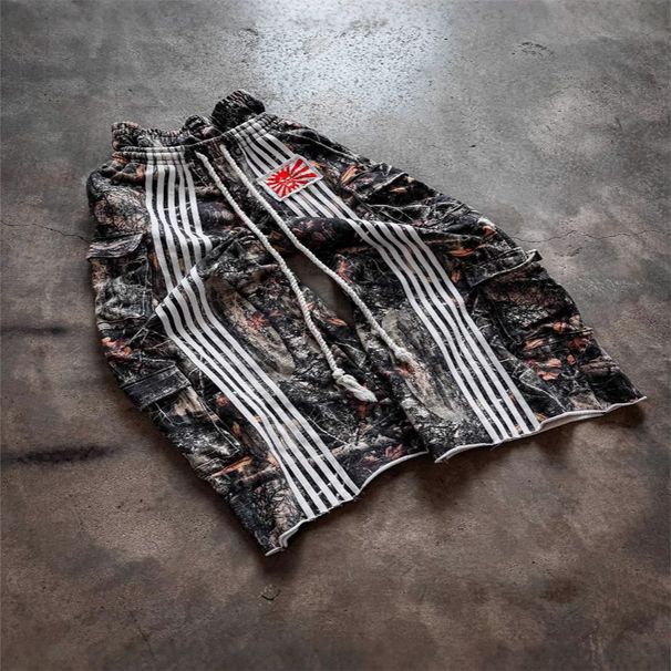 2026 American Style High Street Hip-Hop Vintage Sweatpants Men Double Waistband Leaf-Patterned Camouflage Stripes Casual Loose Sport Wide-Leg Pants_viptrois.com