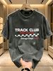 230g Washed Men Crew Neck Tee TRACK CLUB Checkered Flag Print Short Sleeve Casual Streetwear Summer Top_viptrois.com