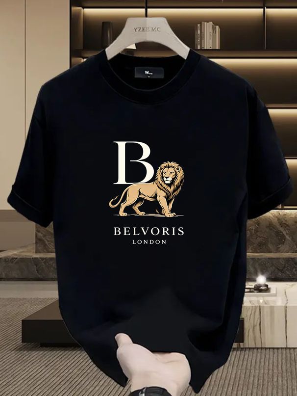 Men's 100% Cotton BELVORIS LONDON Lion Letter Print T-shirt Summer Casual Round Neck Regular Fit Vintage Streetwear Short Sleeve Graphic Tee_viptrois.com