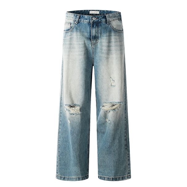 Washed Denim Jeans For Men Loose Wide-Leg Straight Long Gradient Distressed Ripped Pants Street Fashion Punk_viptrois.com