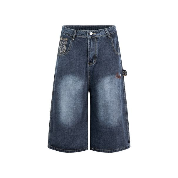 Men's Patchwork Denim Shorts High Street Style Loose Casual Washed Distressed Wide Leg Capri Pants Summer Fashion_viptrois.com