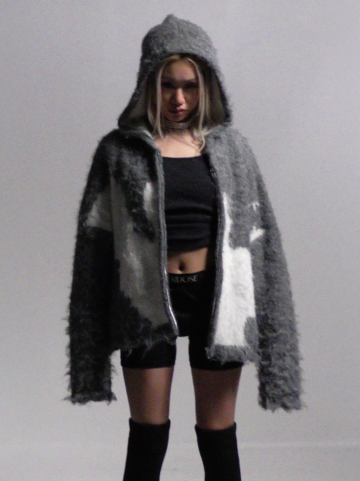 Gothic Zipper Hooded Cardigan – Unisex Halloween & Streetwear Knit Sweater (Black/White/Grey, S-XL)_viptrois.com