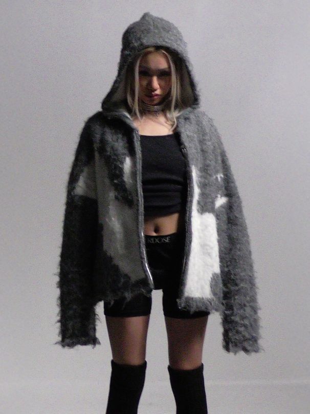 Gothic Zipper Hooded Cardigan – Unisex Halloween & Streetwear Knit Sweater (Black/White/Grey, S-XL)_viptrois.com