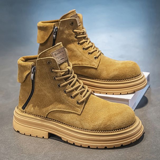 Men's Martin High Top Autumn Winter New Side Zipper Yellow British Style Work Boots Suede Xuheng 6 Seasons_viptrois.com