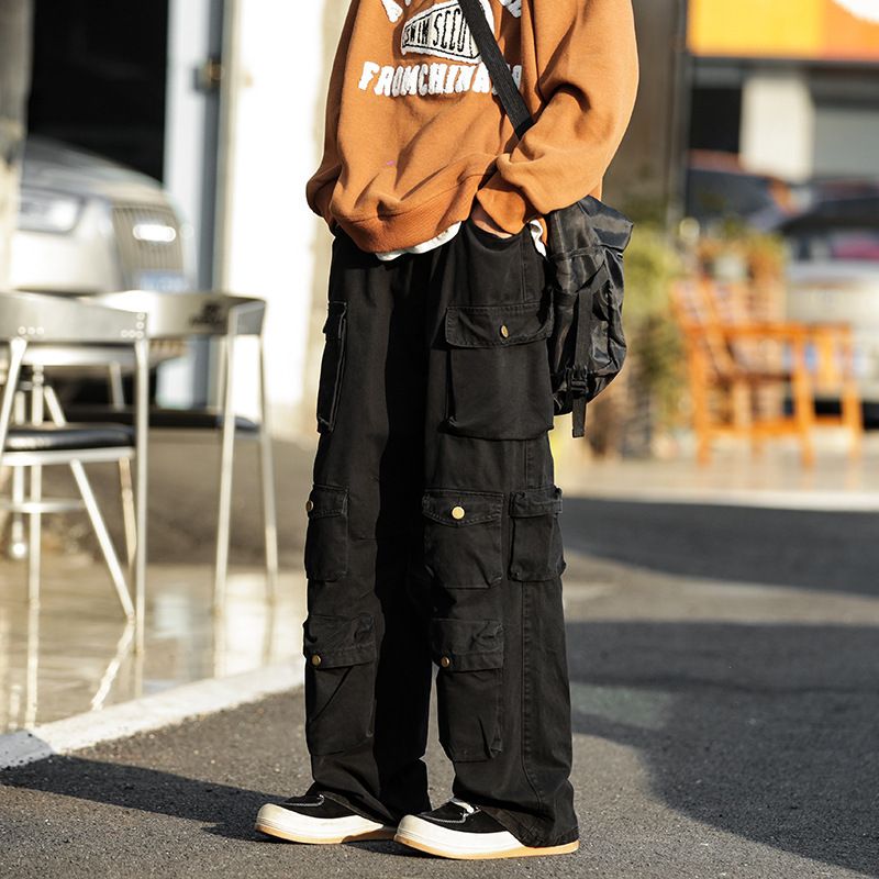 Men's Retro Trendy Casual Trousers High Street Style Loose Straight Leg Wide Leg Multi Pocket Cargo Pants Versatile_viptrois.com