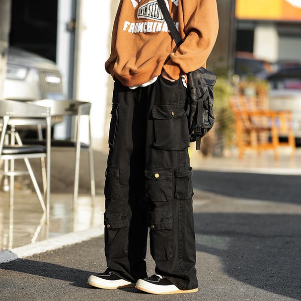Men's Retro Trendy Casual Trousers High Street Style Loose Straight Leg Wide Leg Multi Pocket Cargo Pants Versatile_viptrois.com