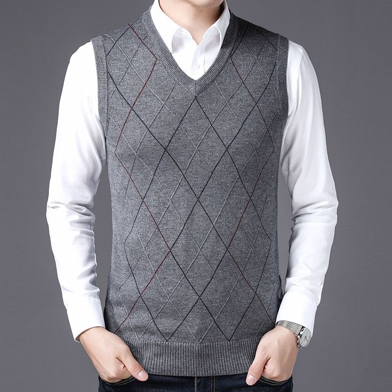 Men's Slim Fit V-Neck Knitted Vest, Wool Blend Casual Sweater Waistcoat For Autumn Winter_viptrois.com