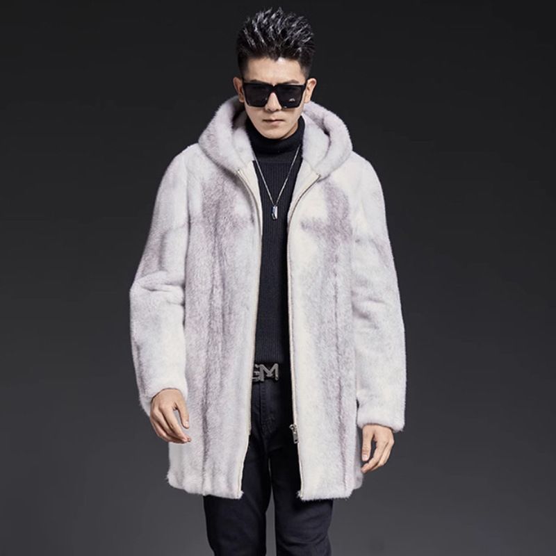 Men's Clothing Men's Mink Coat Hooded Velvet Mink Mid Length Fur Coat Casual Warm Fur European And American Large Size_viptrois.com