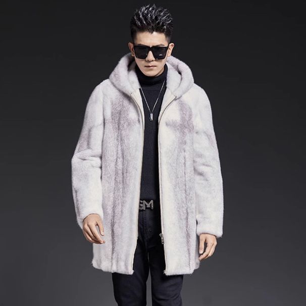 Men's Clothing Men's Mink Coat Hooded Velvet Mink Mid Length Fur Coat Casual Warm Fur European And American Large Size_viptrois.com