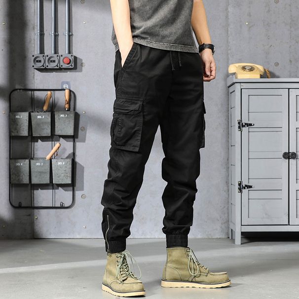 Men's Clothing Retro Wide Leg Casual Versatile Japanese Retro Wide-Leg Cargo Pants - Elastic Waist Jogger Pants In Grey, Khaki, Black & Army Green_viptrois.com