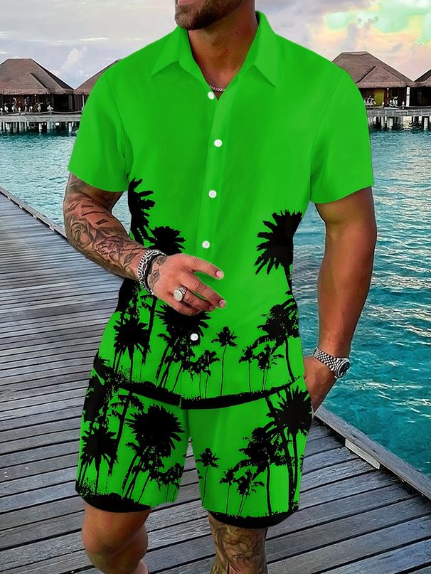 Men's Allover Print Shirt & Shorts Set, Lightweight Modal Blend Casual Outfit, Short Sleeve Shirt With Matching Shorts For Vacation And Street Style_viptrois.com