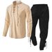 Men's Clothing Long Sleeve New European Size Cotton And Linen Henry Shirt Casual Beach Stand Collar Shirt Solid Color Two Piece Suit Spot Men_viptrois.com