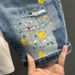 Men's Clothing Washed Blue Ripped Denim Shorts Men's Trendy Ink Splash Graffiti Slim Fit Five Point Pants_viptrois.com