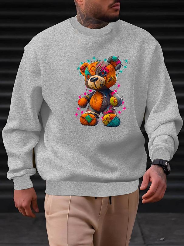 Men's Loose Casual Fashionable Cartoon Bear Pattern Printed Round Neck Long Sleeved Pullover Hoodie For Autumn And Winter_viptrois.com