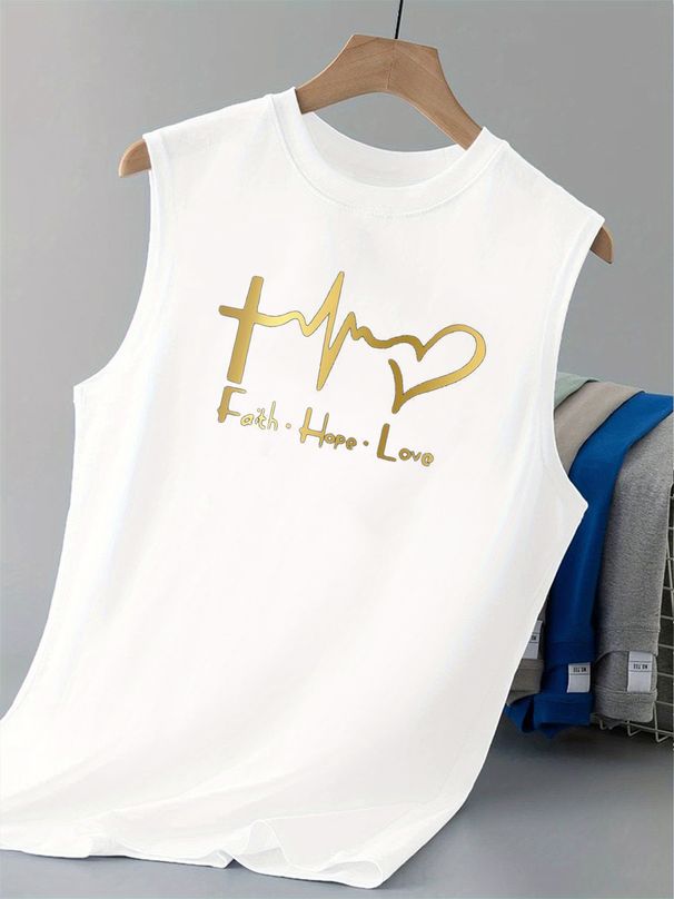 100% Pure Cotton Men's Summer Casual Sports Fitness Loose FAITH HOPE LOVE Letter Pattern Printed Breathable Round Neck Sleeveless Vest_viptrois.com